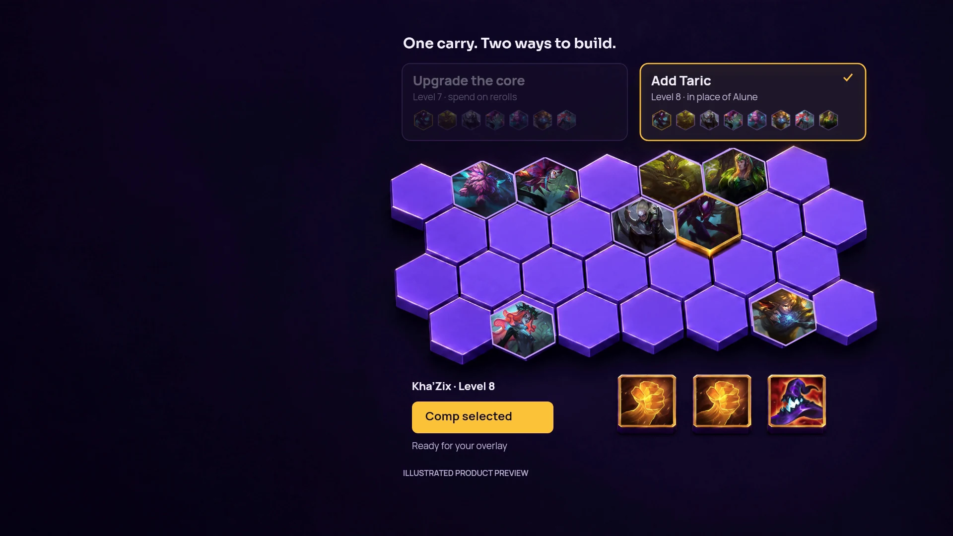 Patch-labeled hero example: Kha’Zix with two Hands of Justice and Rabadon’s Deathcap, followed by a player-selected level-eight composition.